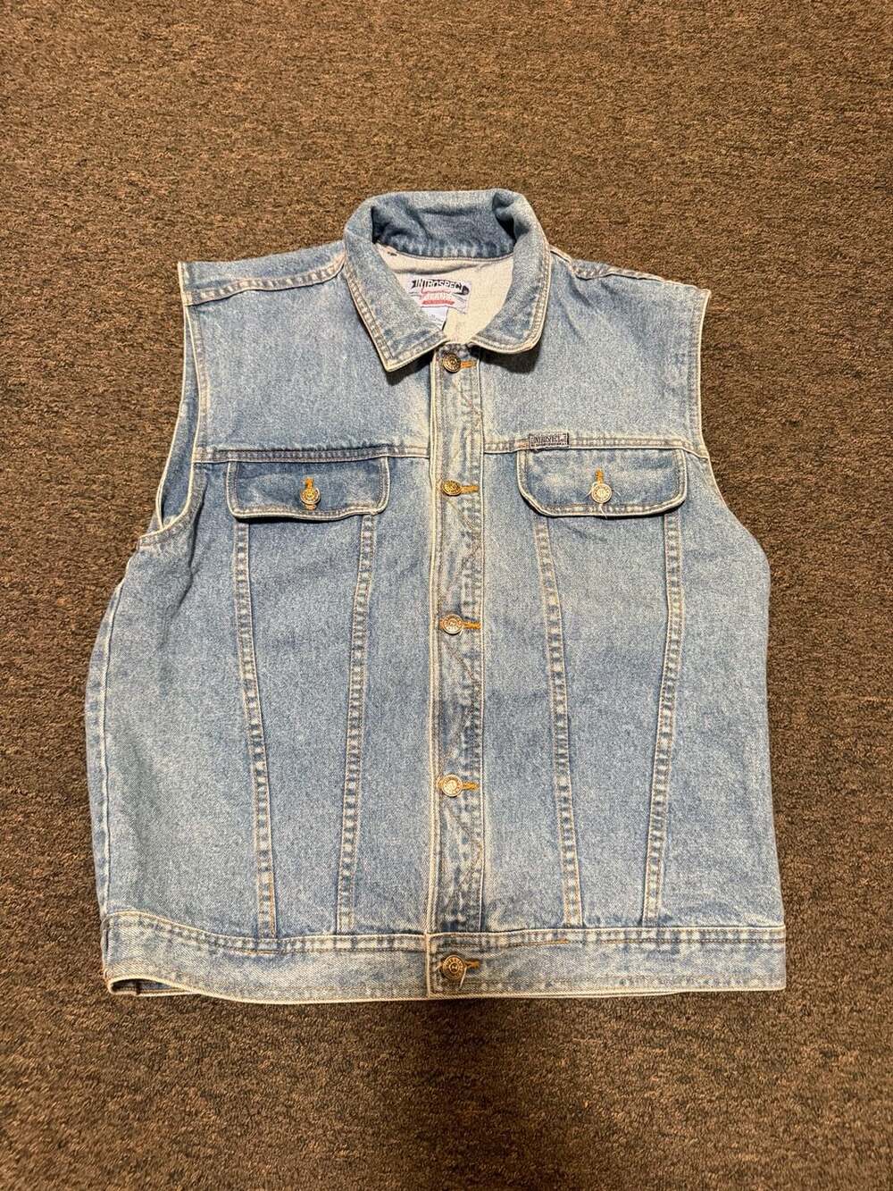 Vintage Introspect Jeans Light Wash Denim Vest Size M with Diamond Stitch Back